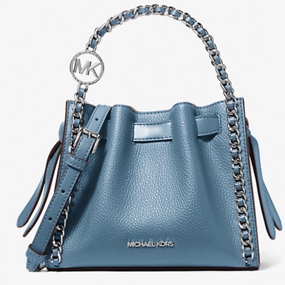 Michael Kors Handbags - NWT Michael Kors blue pebble leather Mina mini crossbody bag with silver details